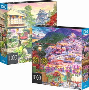 2-Pack of 1000-Piece Jigsaw Puzzles, Amalfi Coast & Japan Garden | Puzzles for Adults and Kids Ages 8 , Amazon Exclusive