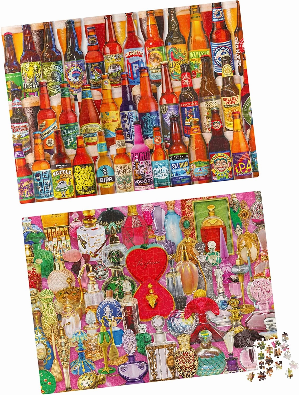 2-Pack of 1000-Piece Jigsaw Puzzles, for Adults, Families, and Kids Ages 8 and up, Perfume Bottles and Craft Beer Bottles