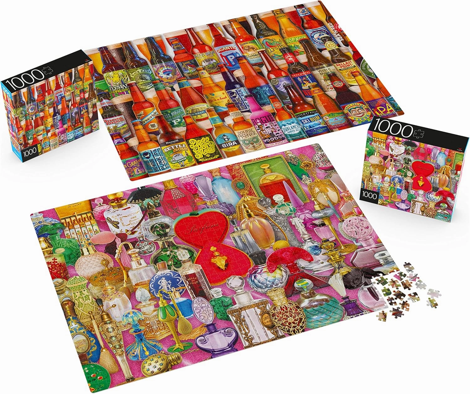 2-Pack of 1000-Piece Jigsaw Puzzles, for Adults, Families, and Kids Ages 8 and up, Perfume Bottles and Craft Beer Bottles