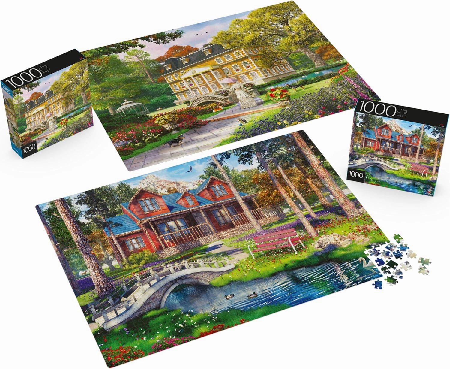 2-Pack of 1000-Piece Jigsaw Puzzles, Pine Cabin & Summer Estate | Puzzles for Adults and Kids Ages 8 , Amazon Exclusive