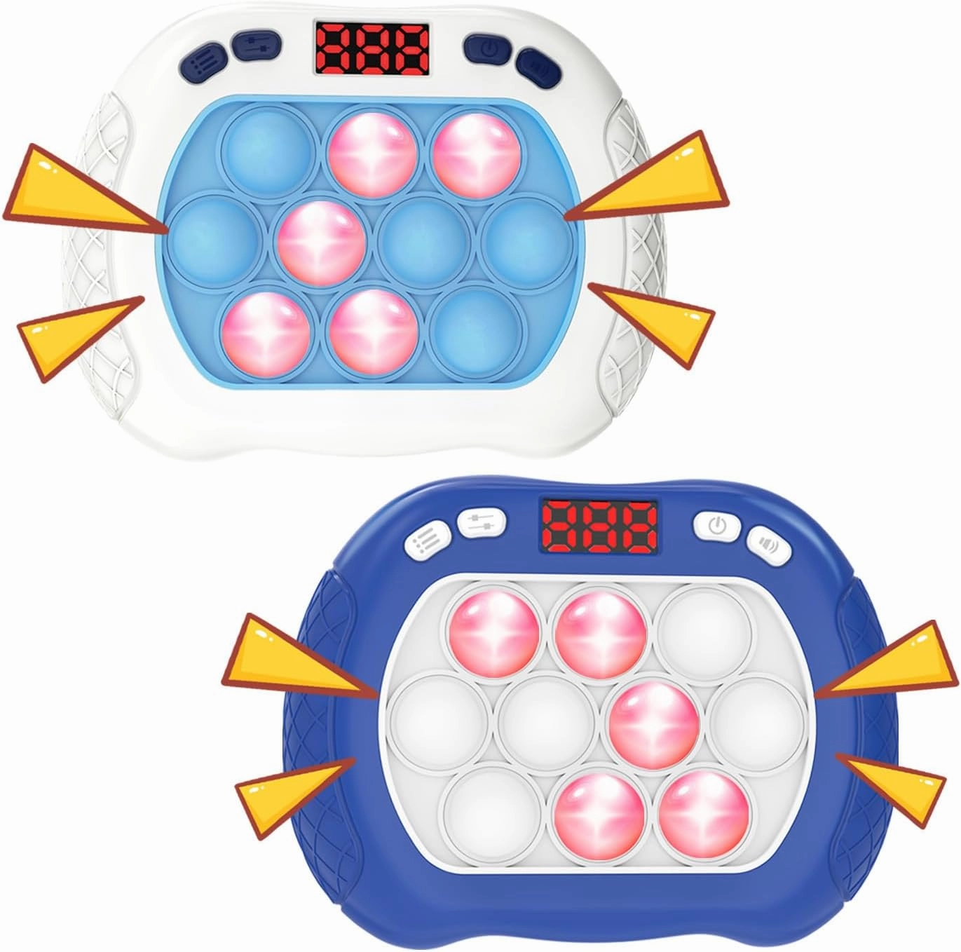 2 Pack Quick Push Pop Game for Kids, Handheld Fidget Toy With LED Screen Light Up, Electric Pop Controller, Fast Push Bubble Sensory Toy, White & Blue