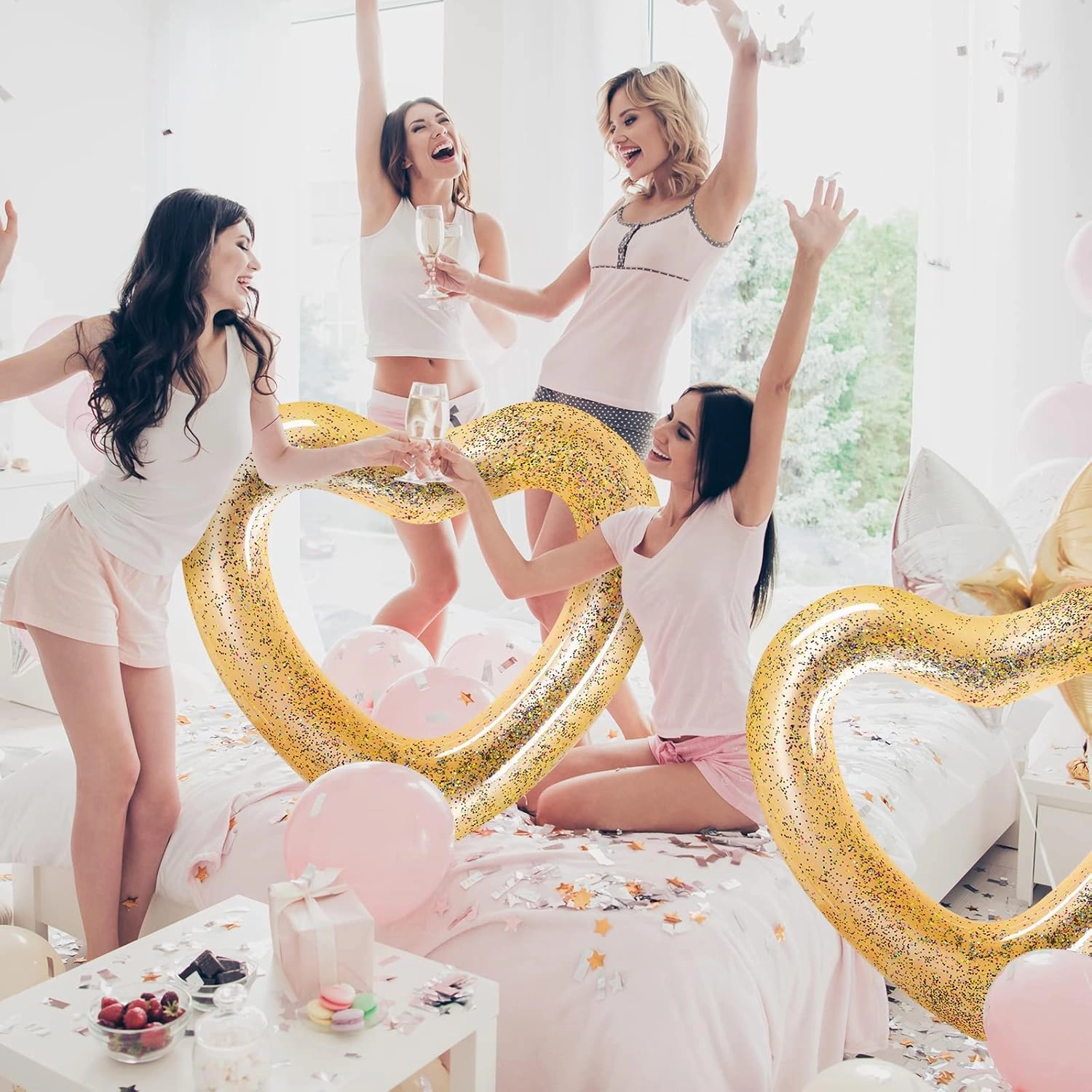 2 Pcs Heart Pool Floats Inflatable Swim Rings, 47.3 x 39.4 Inch Bachelorette Floaties Heart Shaped Swimming Loungers Tube for Adults Summer Water Ring,Fun Beach Party Decorations