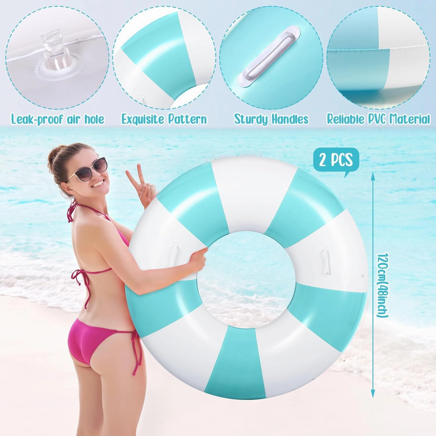 2 Pcs Large Pool Floats Swim Ring with Handles 47.24 Inch Inflatable Swimming Pool Tubes Adult Size for Summer Lounger Beach Party
