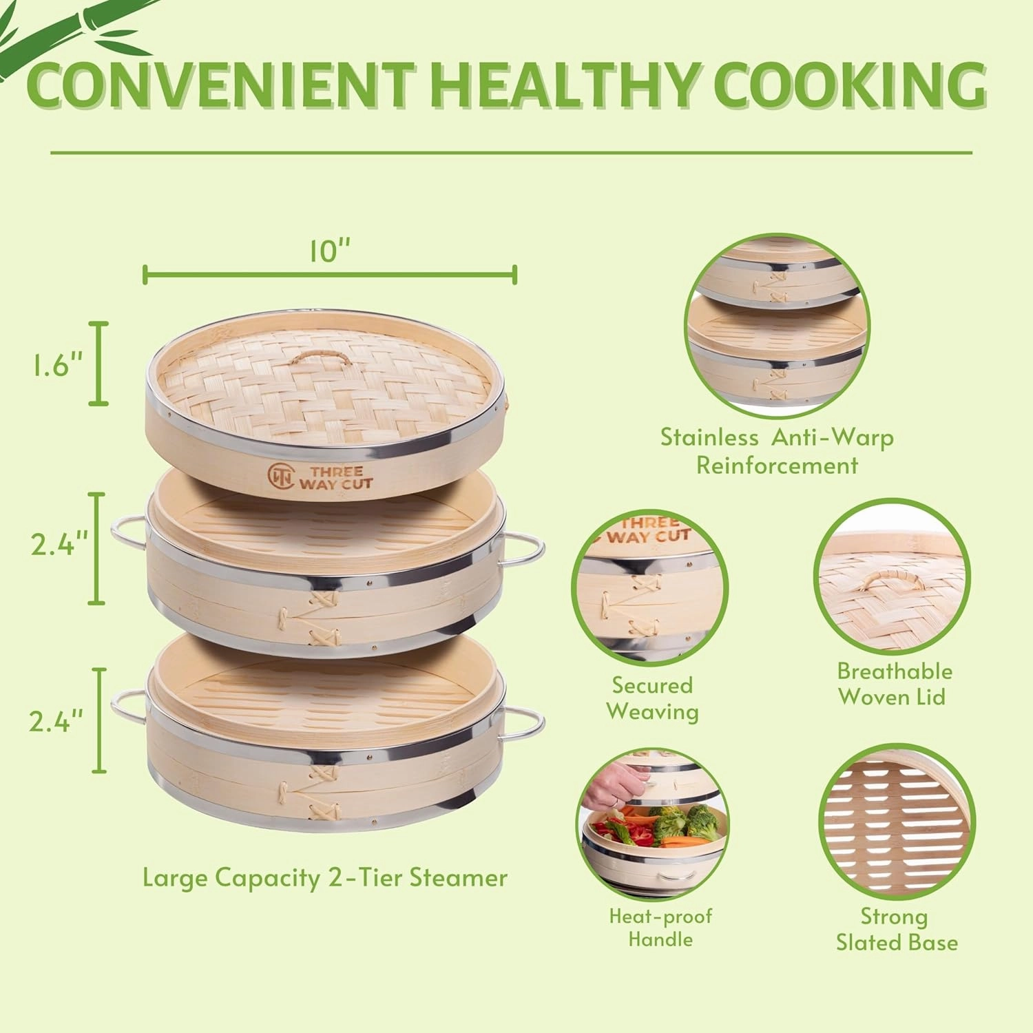 2-tier 10" Bamboo Steamer with Reinforcement & Handle, Reusable Silicone Liner & Accessories Kit For Cooking Dumpling, Baby Bao Bun, Dim Sum, Rice Potsticker Steaming Chinese Asian Food & Vegetables