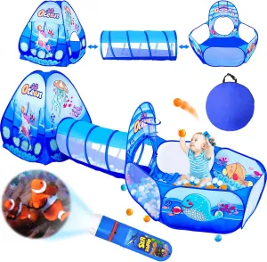 3 in 1 Kids Play Tent with Play Tunnel, Ball Pit, Projection Flashlight for Boys & Girls, Toddler Pop Up Playhouse Toy for Baby Indoor Outdoor