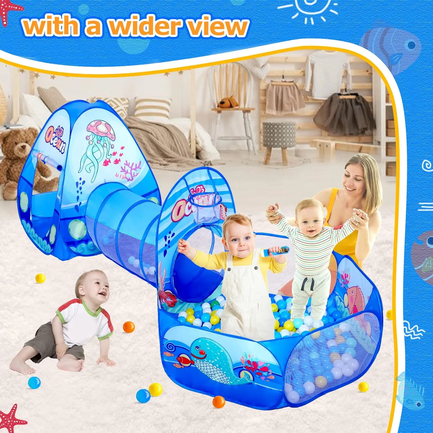 3 in 1 Kids Play Tent with Play Tunnel, Ball Pit, Projection Flashlight for Boys & Girls, Toddler Pop Up Playhouse Toy for Baby Indoor Outdoor