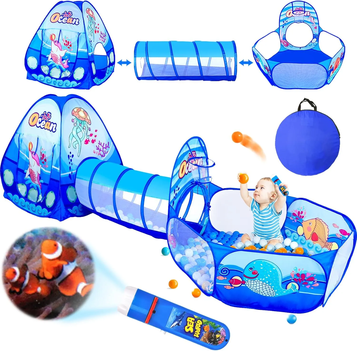 3 in 1 Kids Play Tent with Play Tunnel, Ball Pit, Projection Flashlight for Boys & Girls, Toddler Pop Up Playhouse Toy for Baby Indoor Outdoor