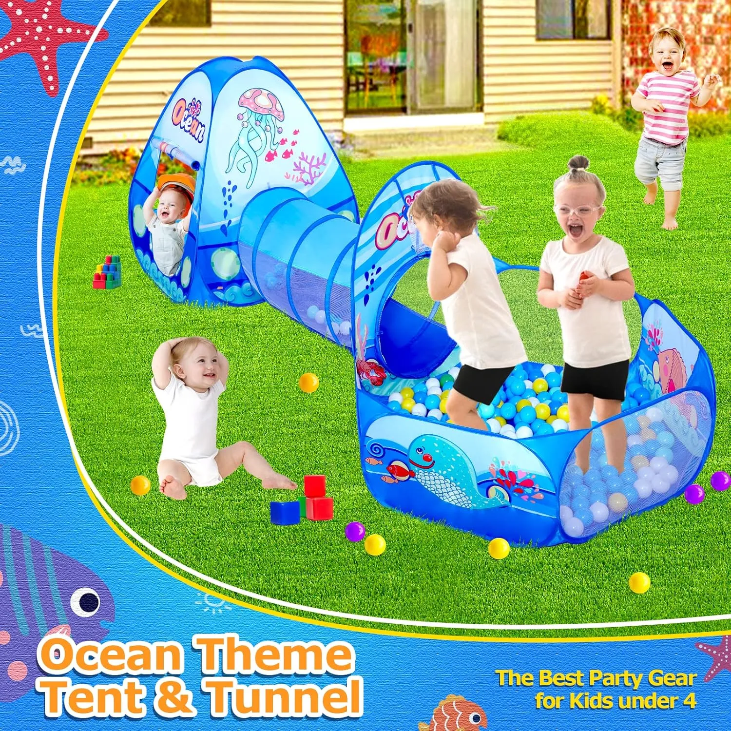 3 in 1 Kids Play Tent with Play Tunnel, Ball Pit, Projection Flashlight for Boys & Girls, Toddler Pop Up Playhouse Toy for Baby Indoor Outdoor