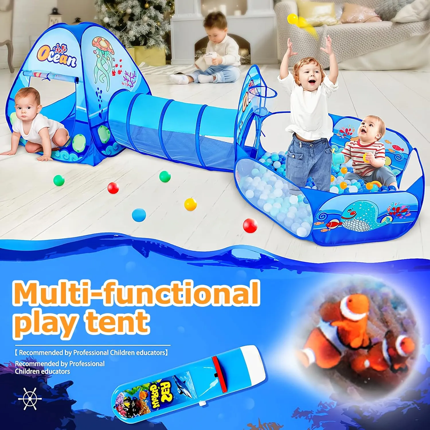 3 in 1 Kids Play Tent with Play Tunnel, Ball Pit, Projection Flashlight for Boys & Girls, Toddler Pop Up Playhouse Toy for Baby Indoor Outdoor