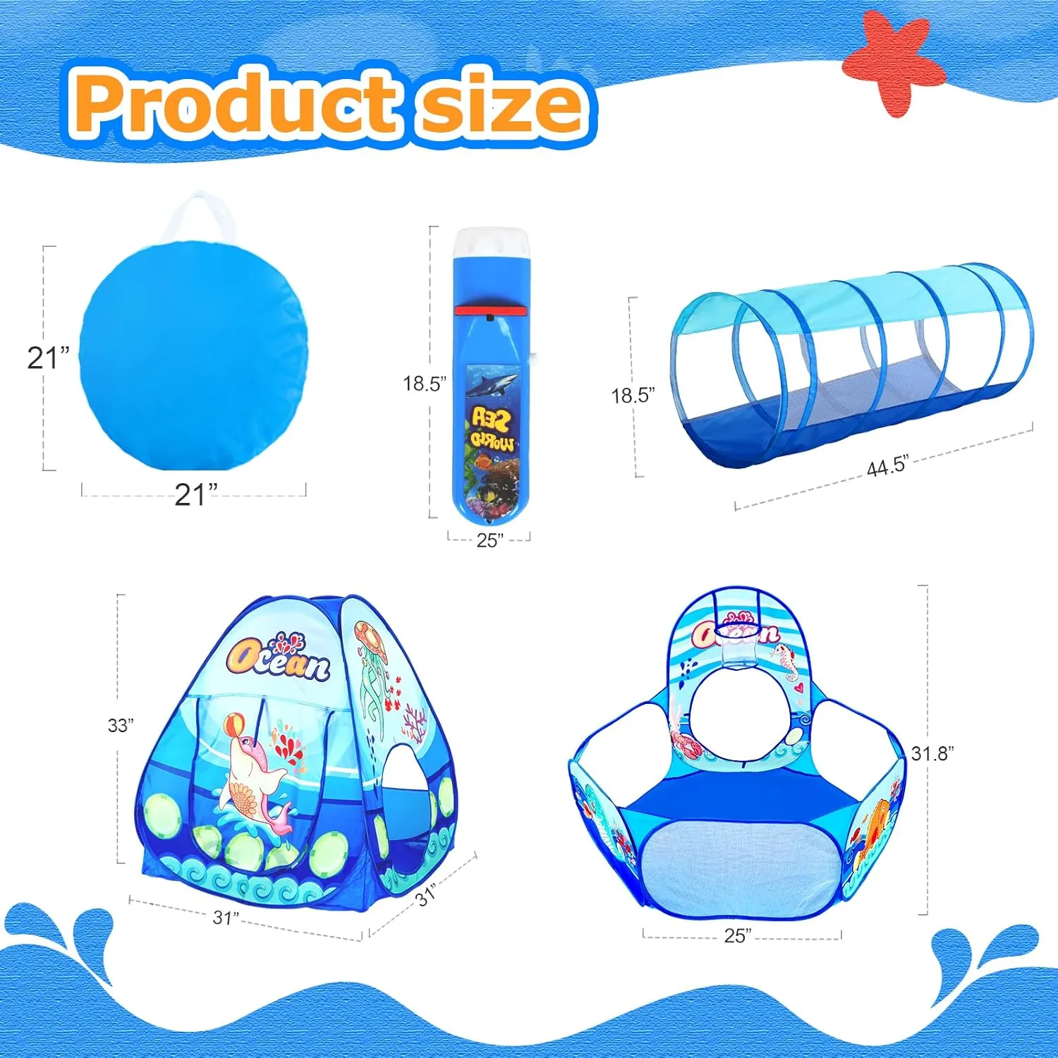 3 in 1 Kids Play Tent with Play Tunnel, Ball Pit, Projection Flashlight for Boys & Girls, Toddler Pop Up Playhouse Toy for Baby Indoor Outdoor
