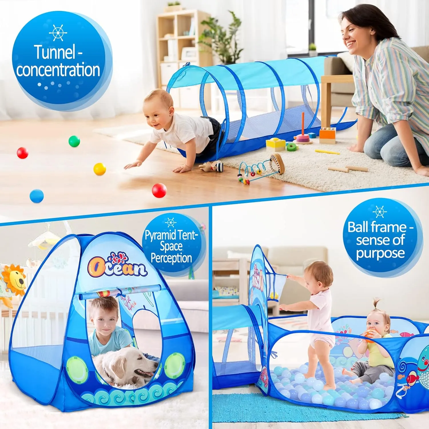 3 in 1 Kids Play Tent with Play Tunnel, Ball Pit, Projection Flashlight for Boys & Girls, Toddler Pop Up Playhouse Toy for Baby Indoor Outdoor