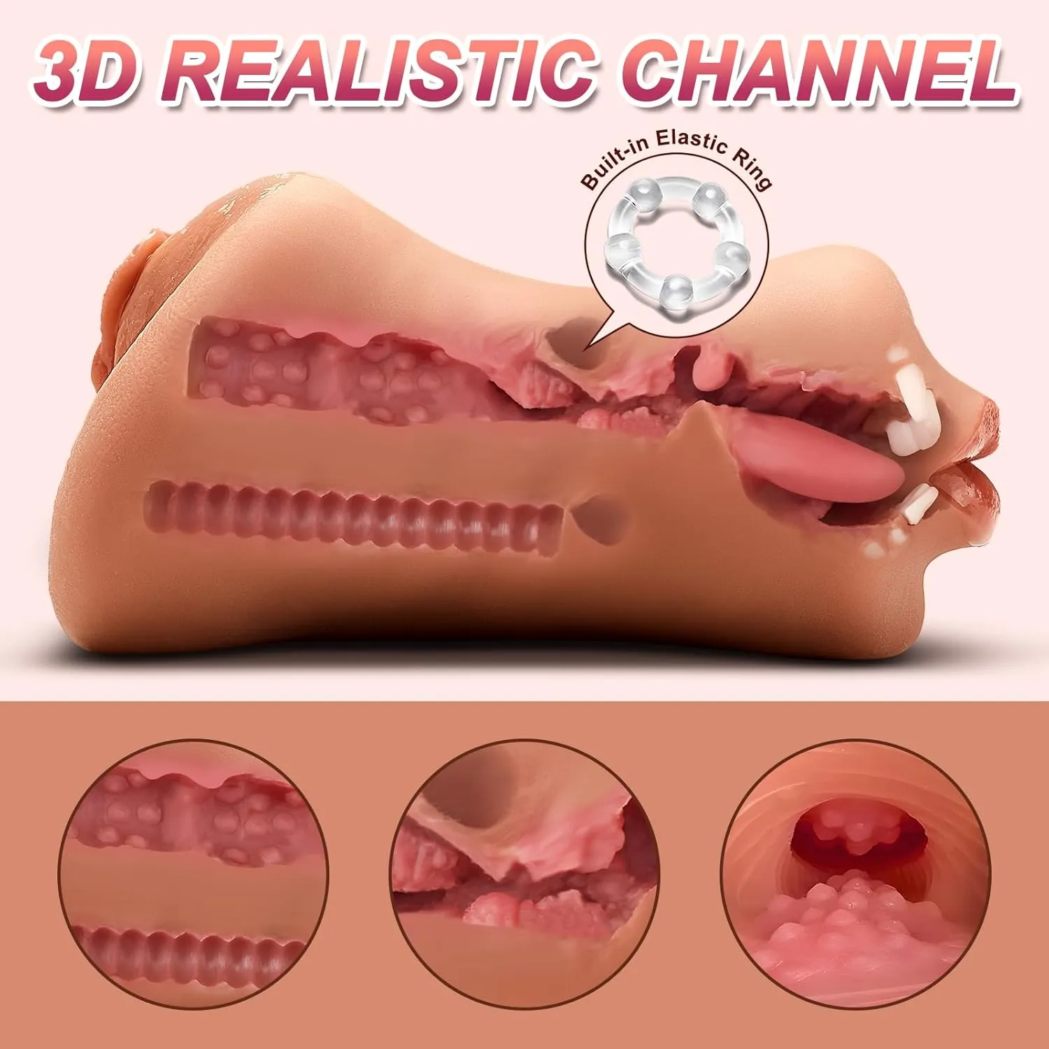 3 in 1 Pocket Pussy Male Masturbator - Adult Sex Toys for Men Penis Stimulation,Male Blowjob Stroker Toy with 3D Realistic Textured Tight Anus & Real Mouth for Man Masturbation Pleasure (Tan)
