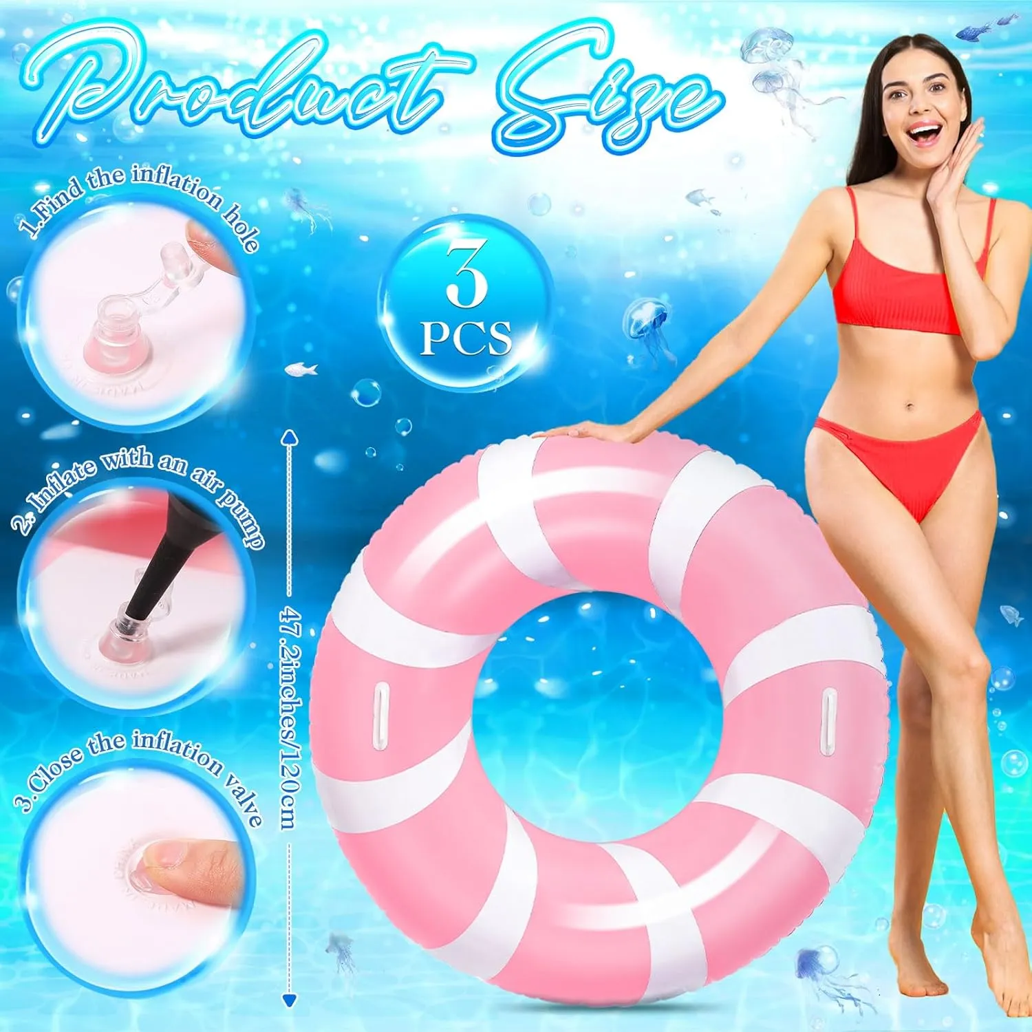 3 Pcs Jumbo Pink Swim Ring with Handles 47.24 Inches Inflatable Pool Float Tube Classic Striped Inflatable Swimming Pool Ring for Adults Summer Pool Lounger Rafts Beach Party Supplies