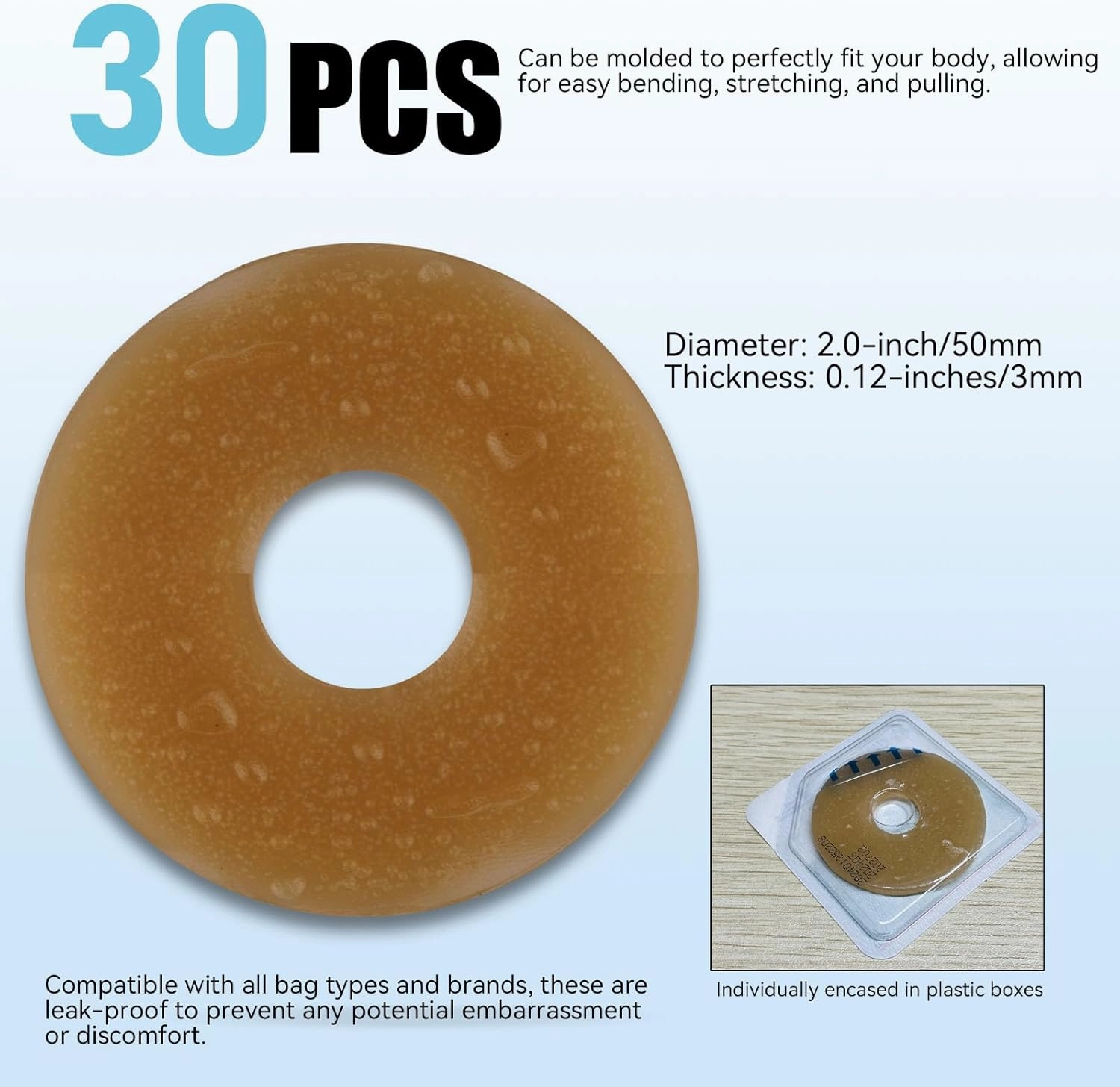 30 Pcs Adaptable Ostomy Barrier Rings, 3mm Thick Moldable Hydrocolloid Skin Extenders for Better Seal and Skin Barrier. Essential Ostomy Bag Supplies for Comfort and Protection