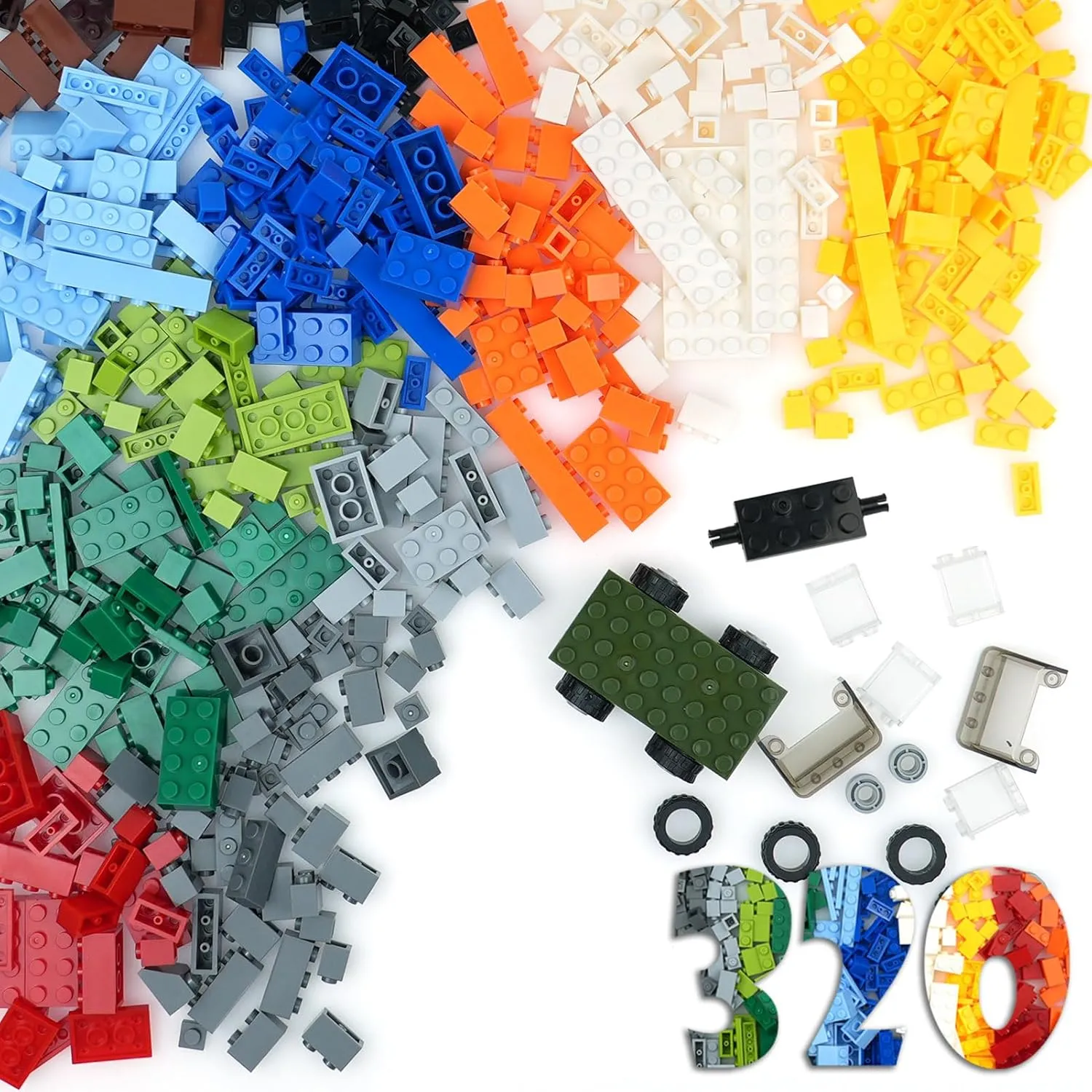 320 Pieces Bricks Parts Pack, Classic Creative Bulk Blocks Car Wheels and Axles Set, Compatible Starter Building Blocks in Random Color - Mixed Shape