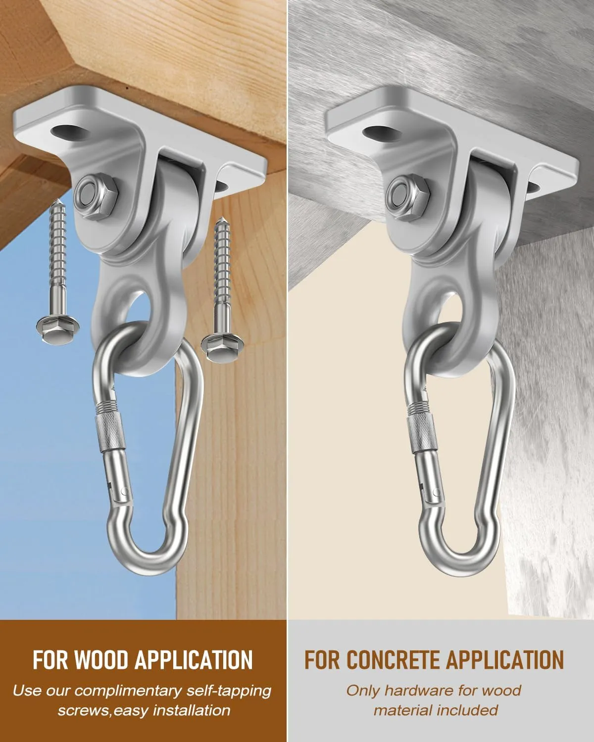 3500lb Heavy Duty Porch Swing Hangers Kit, with Screws Bolts for Wooden Sets Playground Porch Patio Yoga Seat Indoor Outdoor Hanging Snap Hooks (2 Pack Silver)