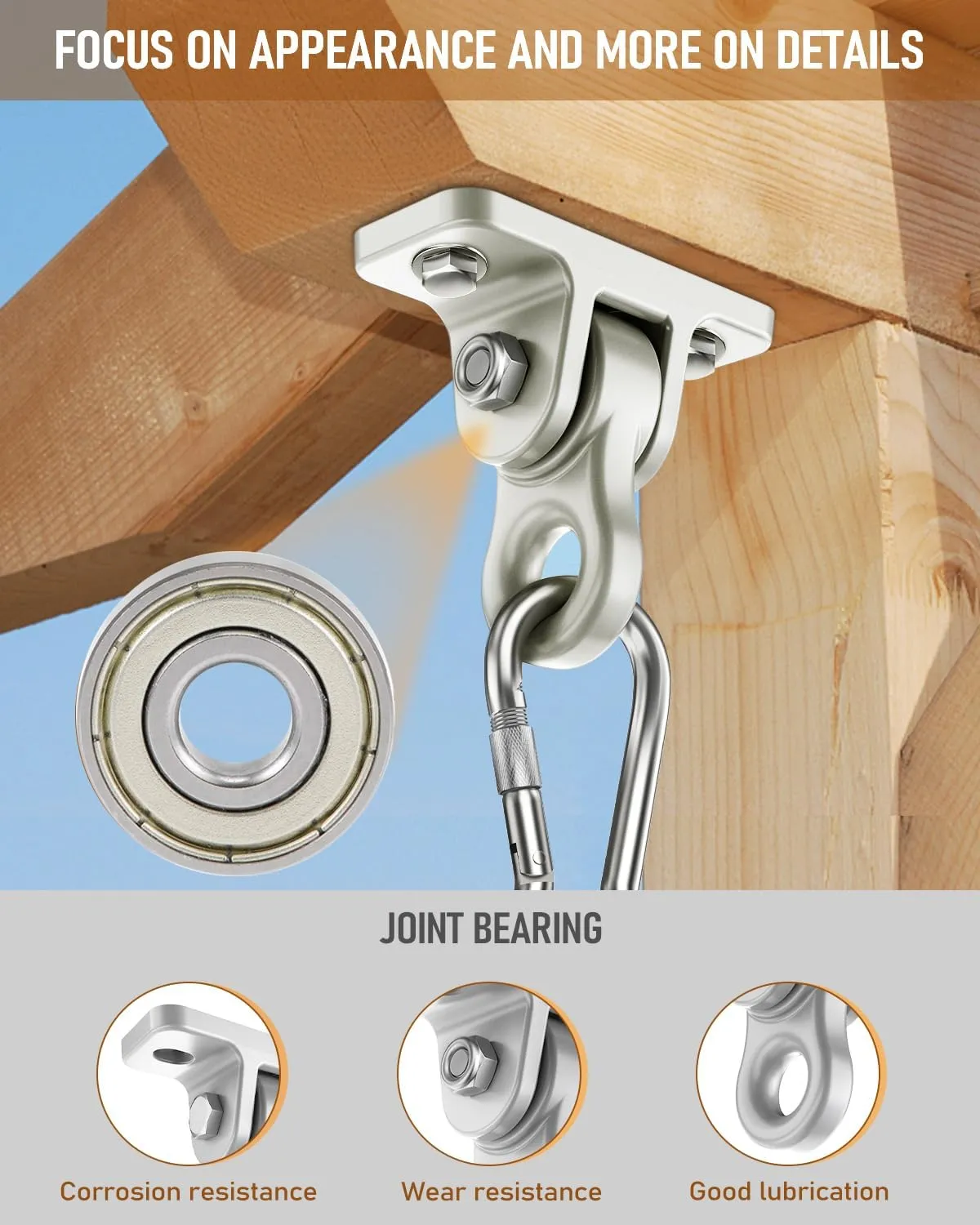3500lb Heavy Duty Porch Swing Hangers Kit, with Screws Bolts for Wooden Sets Playground Porch Patio Yoga Seat Indoor Outdoor Hanging Snap Hooks (2 Pack Silver)