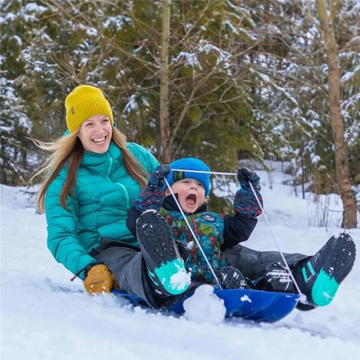 35.4 Inch Snow Sleds, Heavy Duty Durable Plastic Downhill Toboggan River with Backrest, Snow Toys for Family Holiday Winter Activity Outdoor Sledding