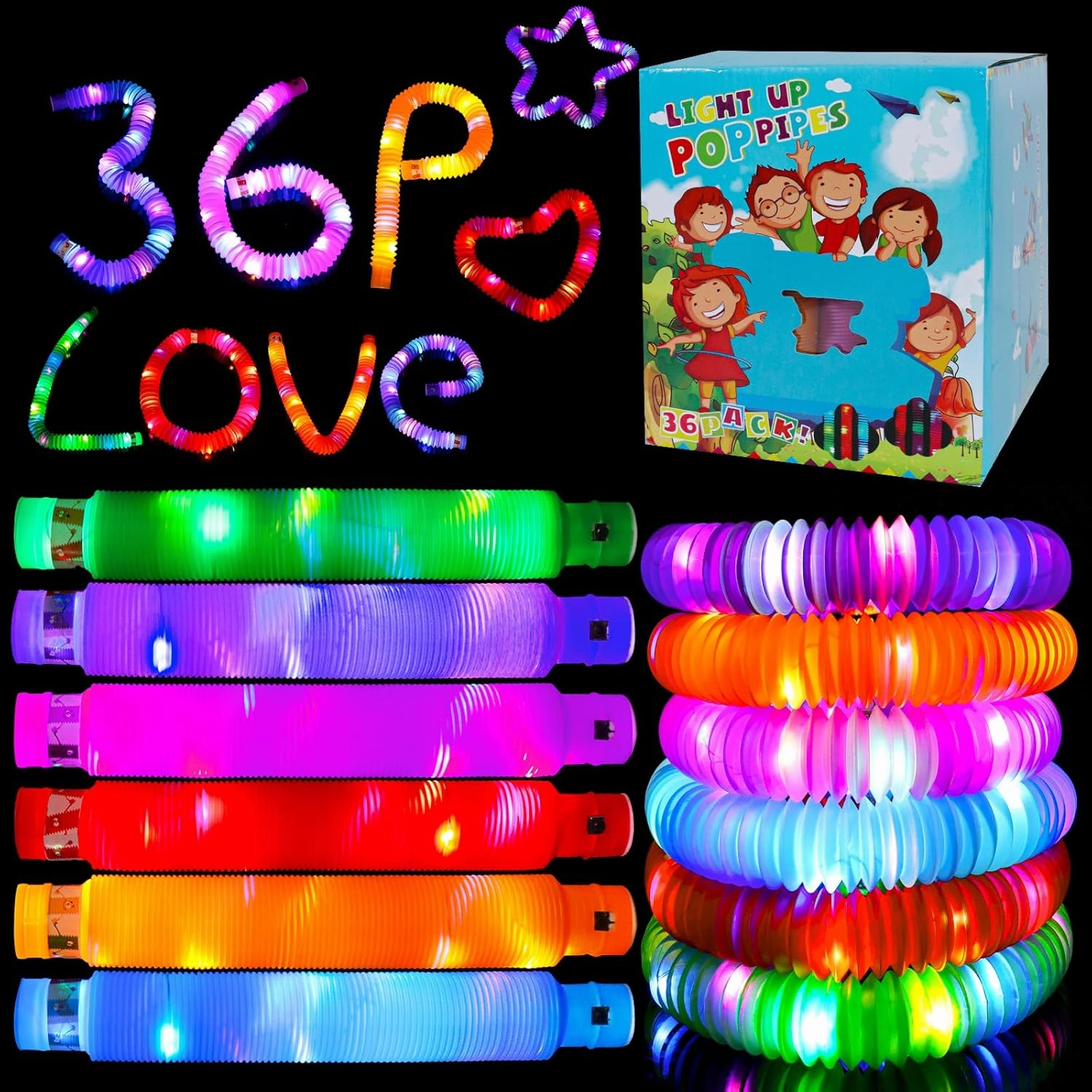36 Pack Glow Sticks Party Favors Light Up Pop tubes Sensory Toys LED Glow Necklaces Bracelets Birthday Goodie Bag Stuffers Classroom Prizes Gifts for Boys Girls Toddlers Halloween Easter Gift