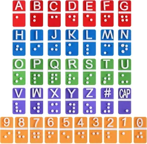 38 Pcs Braille Alphabet and Number Tiles Wood Raised Dots Alphabet and Numbers Punctuation Educational Tool for Blind Visually Impaired, Teaching Aid for Blind Gifts
