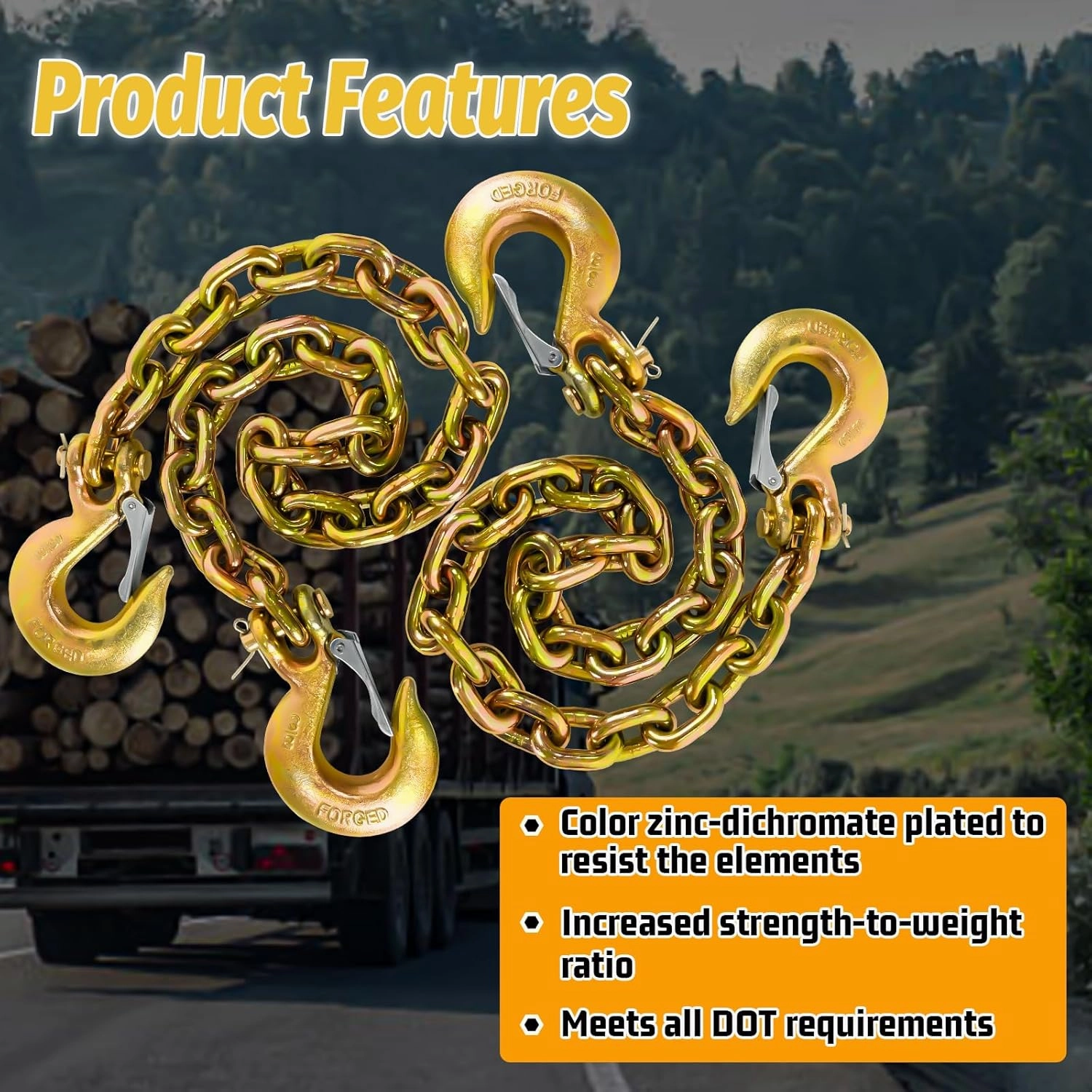 3/8" Trailer Safety Chains G80 Trailer Chains with G70 Clevis Safety Hooks 35" | 7100 lbs Safety Working Load 27000 lbs Break Strength Heavy Duty Transport Chains Truck Towing Chains (2 Pack Yellow)