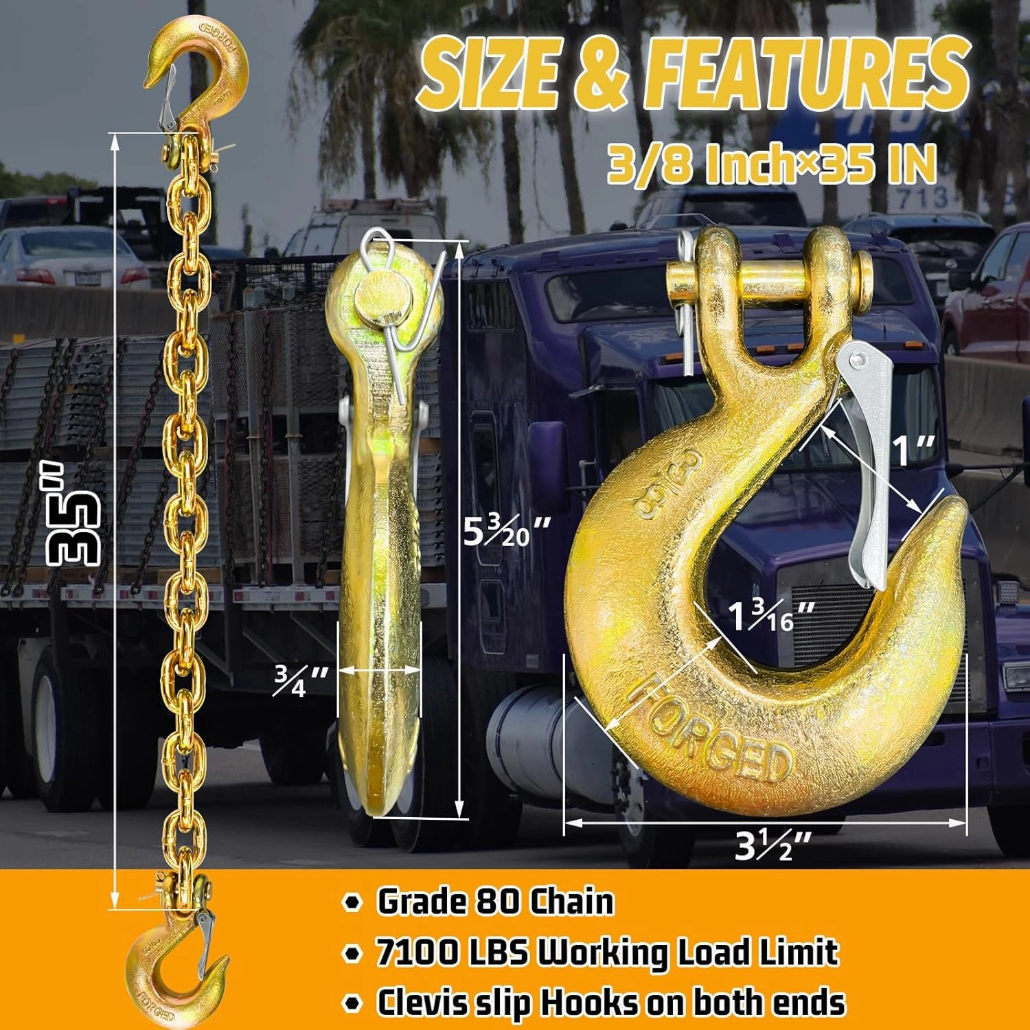 3/8" Trailer Safety Chains G80 Trailer Chains with G70 Clevis Safety Hooks 35" | 7100 lbs Safety Working Load 27000 lbs Break Strength Heavy Duty Transport Chains Truck Towing Chains (2 Pack Yellow)