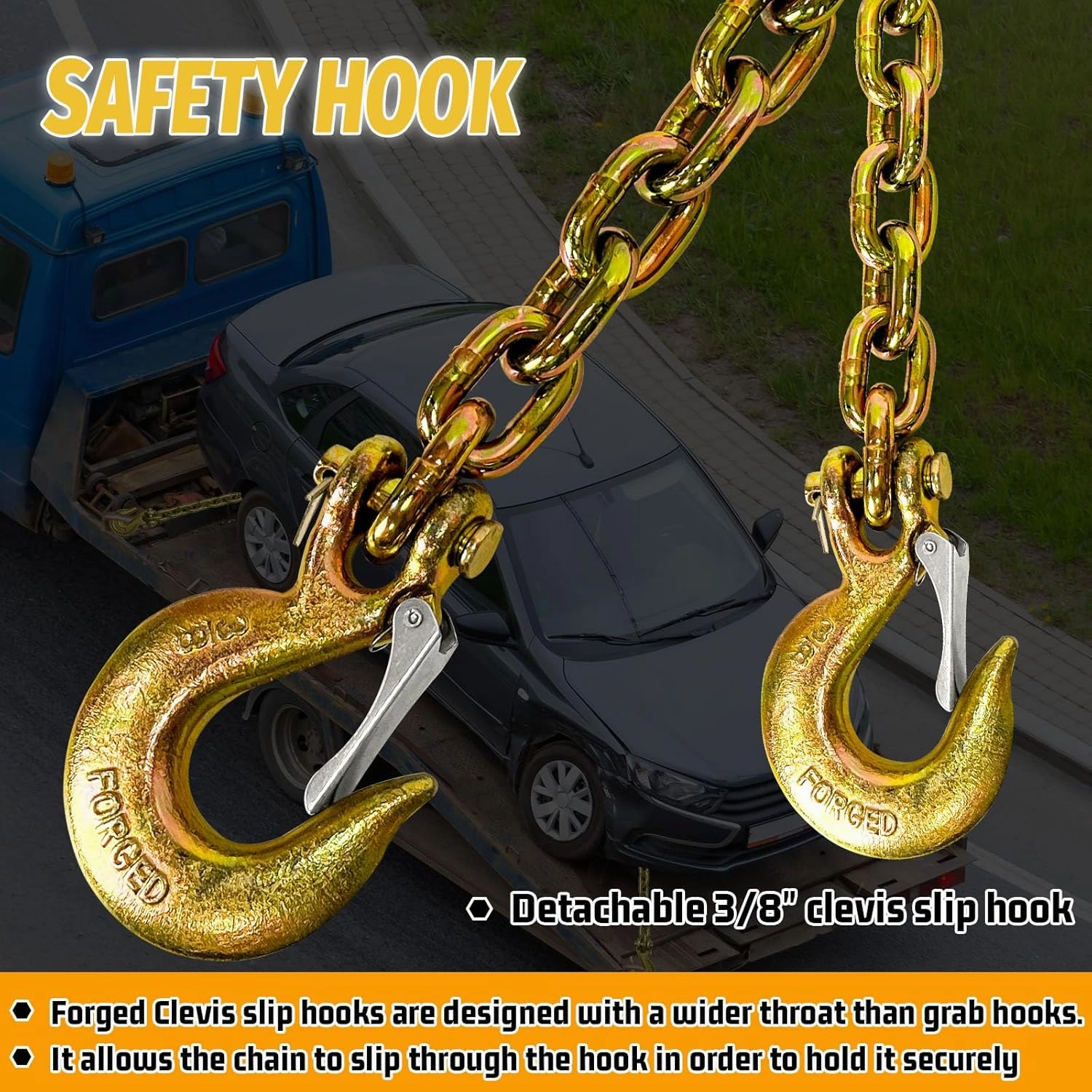 3/8" Trailer Safety Chains G80 Trailer Chains with G70 Clevis Safety Hooks 35" | 7100 lbs Safety Working Load 27000 lbs Break Strength Heavy Duty Transport Chains Truck Towing Chains (2 Pack Yellow)