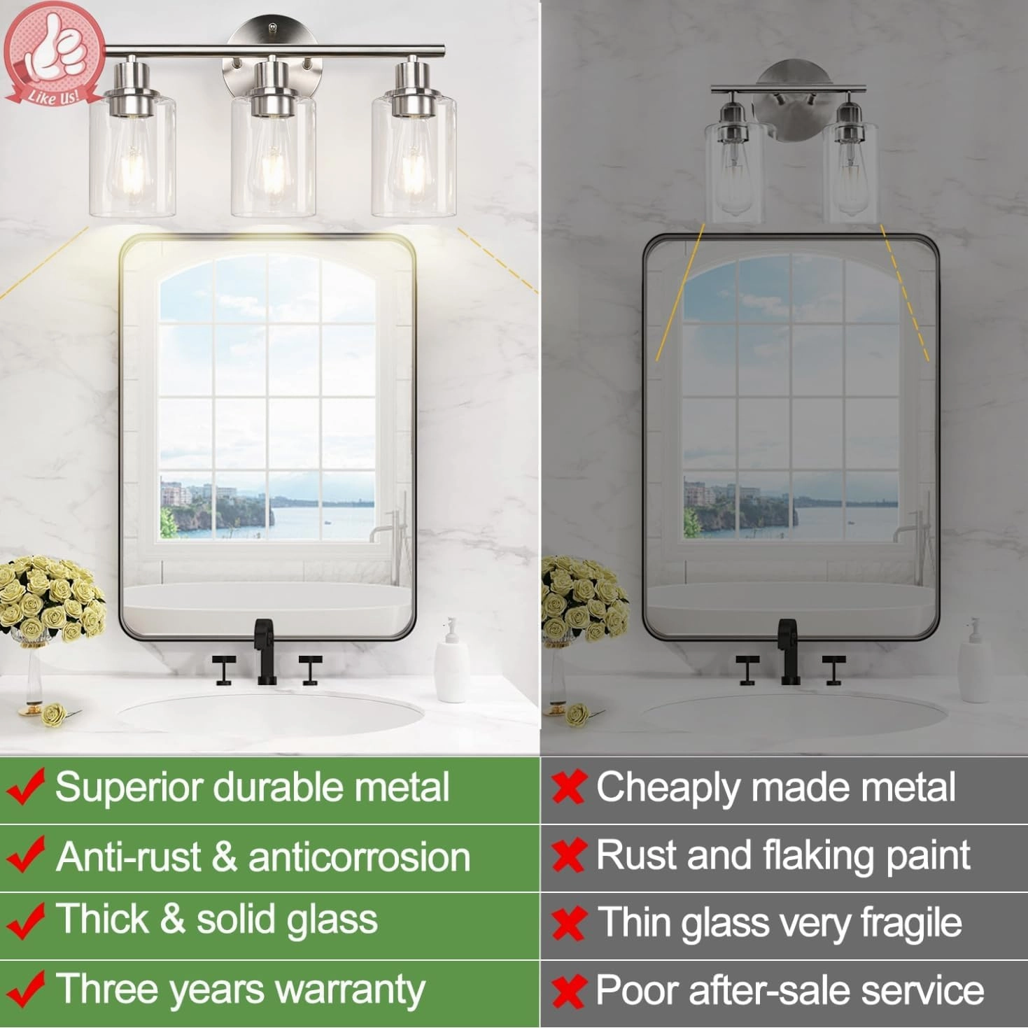 3-Light Bathroom Light Fixtures, Brushed Nickel Vanity Light, Farmhouse Wall Lights with Clear Glass Shade, Bathroom Wall Lamp for Mirror Kitchen Bedroom Hallway Living Room Hallway Cabinet