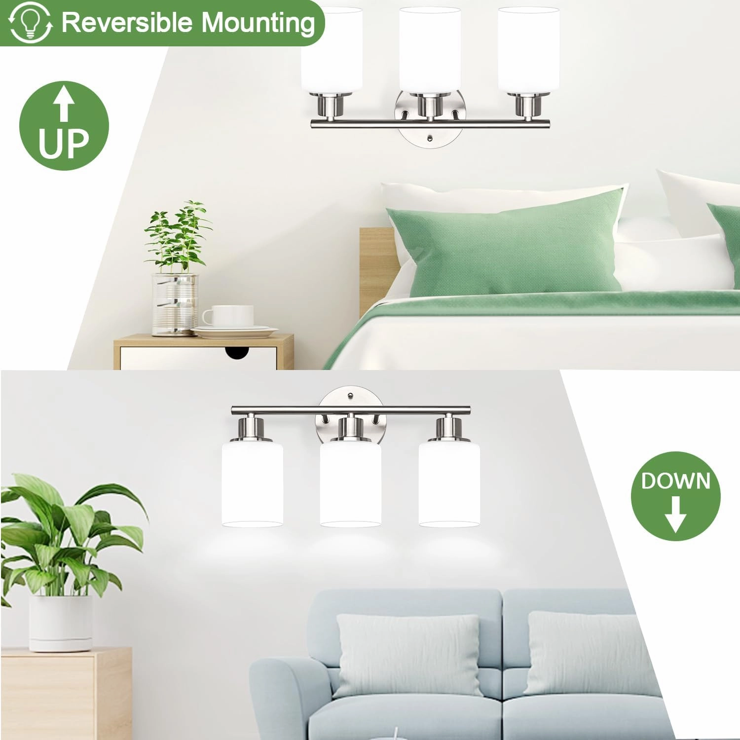 3-Light Bathroom Light Fixtures, Brushed Nickel Vanity Light, Farmhouse Wall Lights with Milky White Frosted Glass Shades, Bathroom Wall Lamp for Mirror Kitchen Bedroom Hallway Living Room