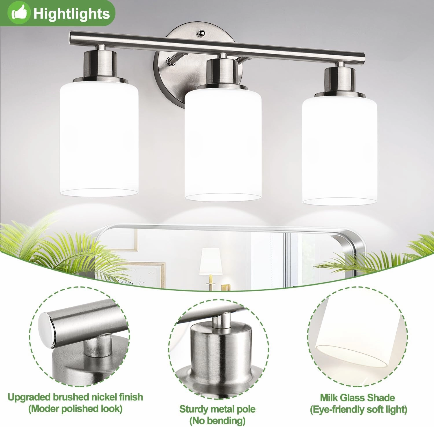 3-Light Bathroom Light Fixtures, Brushed Nickel Vanity Light, Farmhouse Wall Lights with Milky White Frosted Glass Shades, Bathroom Wall Lamp for Mirror Kitchen Bedroom Hallway Living Room
