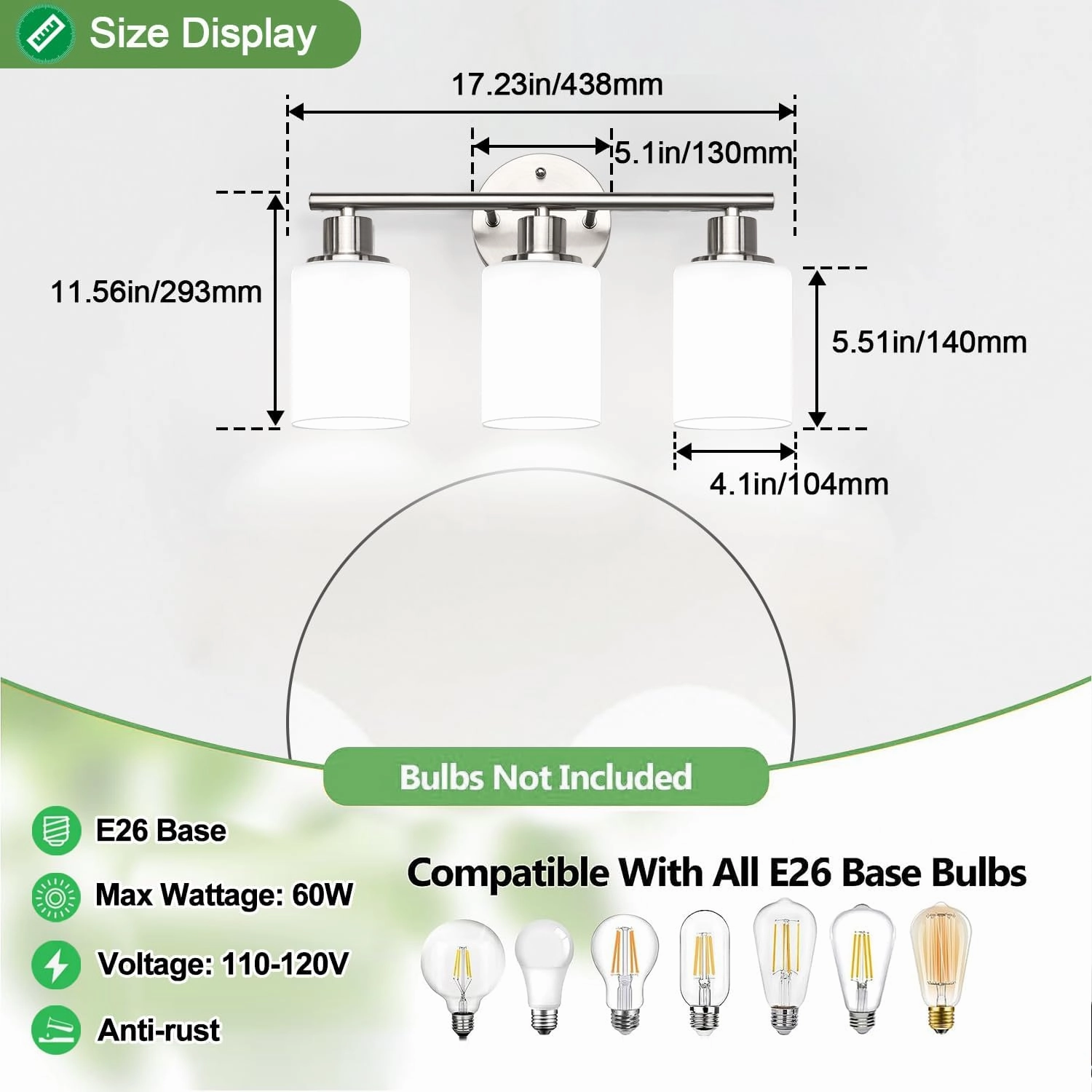 3-Light Bathroom Light Fixtures, Brushed Nickel Vanity Light, Farmhouse Wall Lights with Milky White Frosted Glass Shades, Bathroom Wall Lamp for Mirror Kitchen Bedroom Hallway Living Room