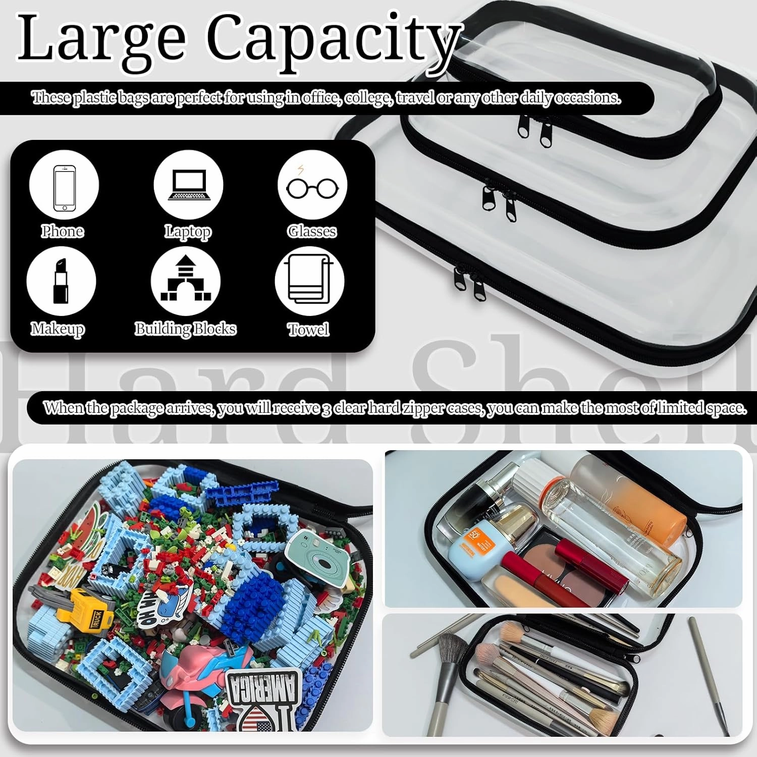 3 Pcs Clear Hard Zipper Case, Hard Shell Plastic Clear Organizer Bag, Transparent Makeup Pouches, Portable Box for Travel Toiletries, Toy Storage Bins (Black, Multi)