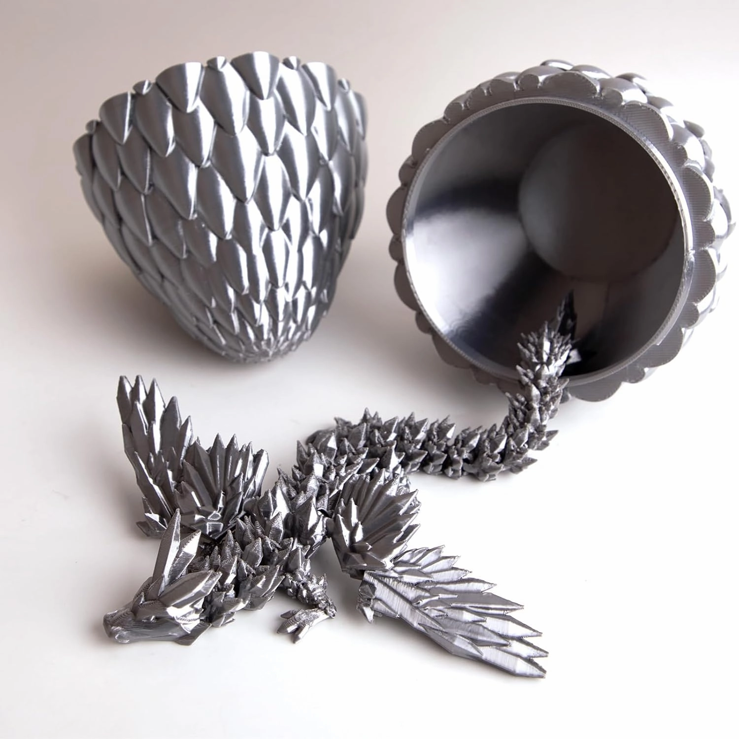 3D Printed Dragon Egg, Easter Dragon Eggs with Dragon Inside, Articulated Flexible 3D Printed Dragon in Egg Fidget Toy, Easter Basket Stuffers for Kids (Grey)