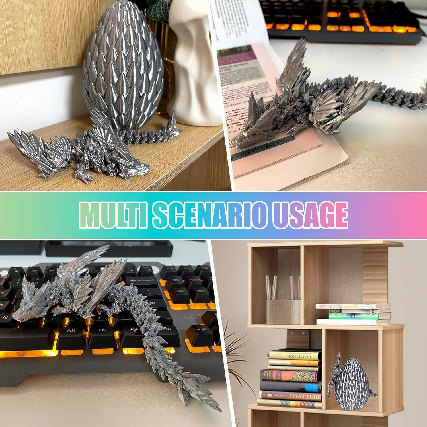 3D Printed Dragon Egg, Easter Dragon Eggs with Dragon Inside, Articulated Flexible 3D Printed Dragon in Egg Fidget Toy, Easter Basket Stuffers for Kids (Grey)