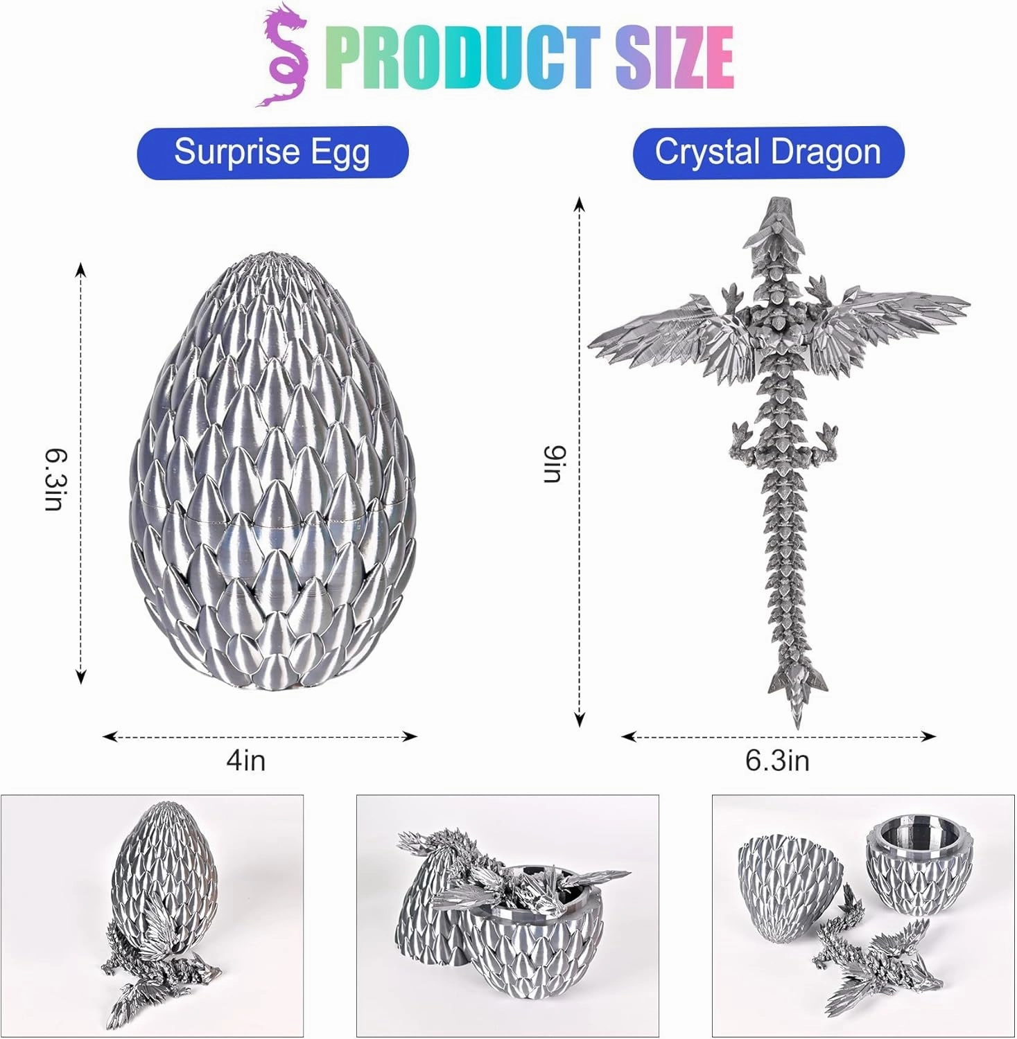 3D Printed Dragon Egg, Easter Dragon Eggs with Dragon Inside, Articulated Flexible 3D Printed Dragon in Egg Fidget Toy, Easter Basket Stuffers for Kids (Grey)