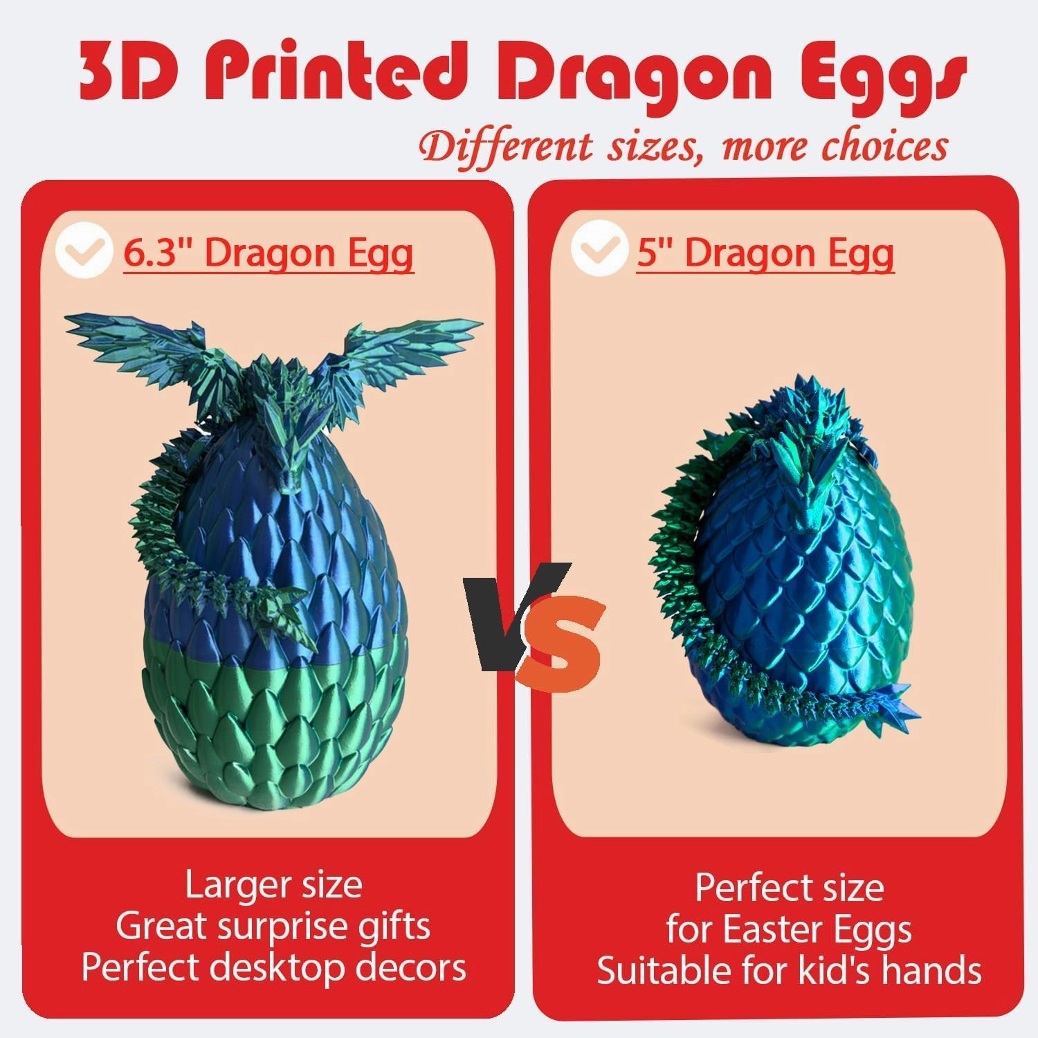 3D Printed Dragon Egg, Easter Dragon Eggs with Dragon Inside, Articulated Flexible 3D Printed Dragon in Egg Fidget Toy, Easter Basket Stuffers for Kids (Grey)
