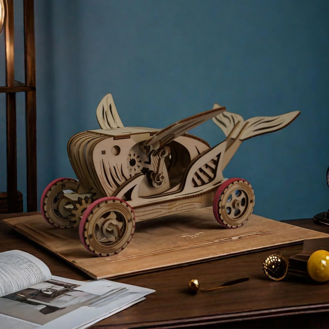 3D Wooden Shark Car Assembly Model Kit with Mechanical Transmission, DIY Creative Wooden Ornament Toy Gift (108PCS)