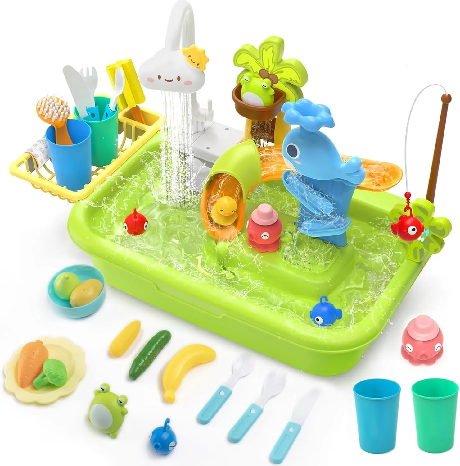 4-in-1 Kids Play Kitchen Sink Toy with Water Slide, Fishing Game, and Floating Toys (Pink)
