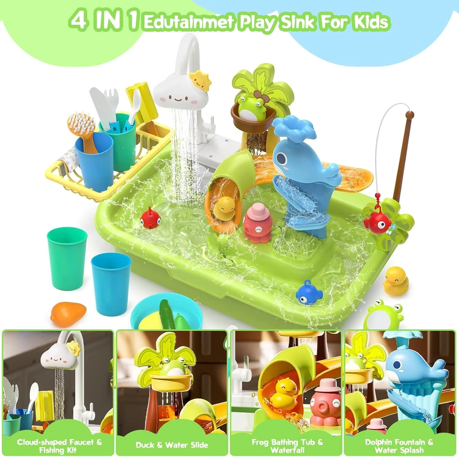 4-in-1 Kids Play Kitchen Sink Toy with Water Slide, Fishing Game, and Floating Toys (Pink)