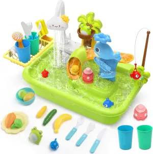 4-in-1 Kids Play Kitchen Sink Toy with Water Slide, Fishing Game, and Floating Toys (Pink)