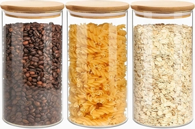 40oz Round Glass Storage Containers with Lids, Clear Food Storage Container Jar with Sealing Bamboo Lid for Noodles Flour Cereal Rice Sugar Tea Coffee Beans, Round Set of 3