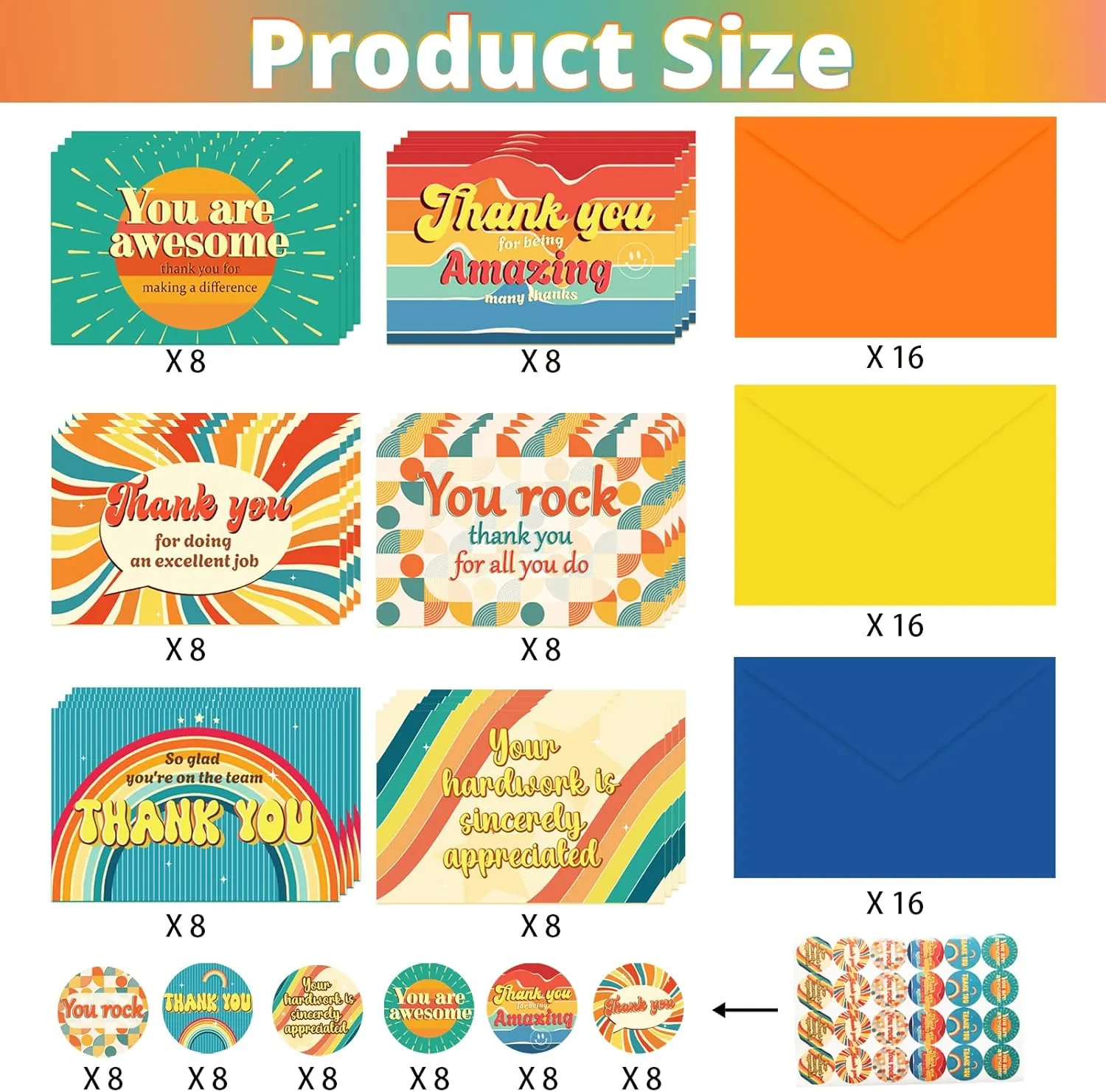 48 Pack Employee Appreciation Gifts Employee Thank you Cards with Envelopes & Stickers 4" x 6" Thank You Business Cards Staff Appreciation Gifts for Team Coworkers Work Anniversary, 6 Designs