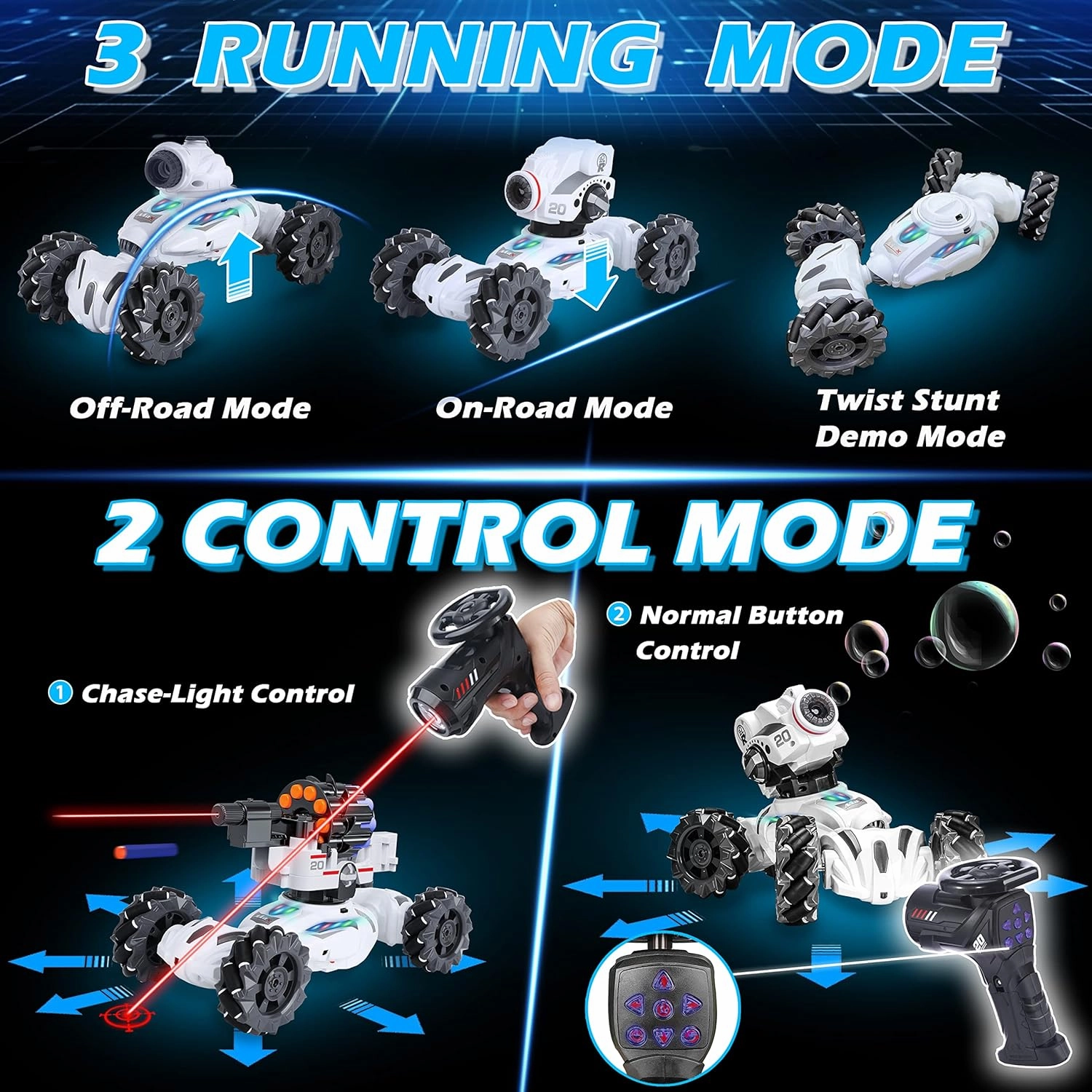 4 Head RC Tank Cars That Shoots Nerf Bullets, Bubble, Spray, Nerf Tank Remote Control Car for Boys 6 7 8 9 10 11 12 Year Old, RC Stunt Car Chase Light Control, LED Light, Music, Kids Toy Gift