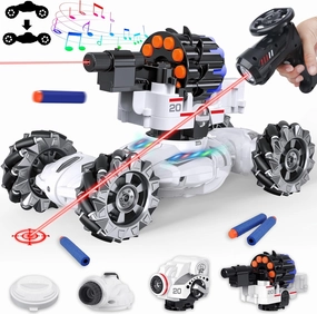 4 Head RC Tank Cars That Shoots Nerf Bullets, Bubble, Spray, Nerf Tank Remote Control Car for Boys 6 7 8 9 10 11 12 Year Old, RC Stunt Car Chase Light Control, LED Light, Music, Kids Toy Gift
