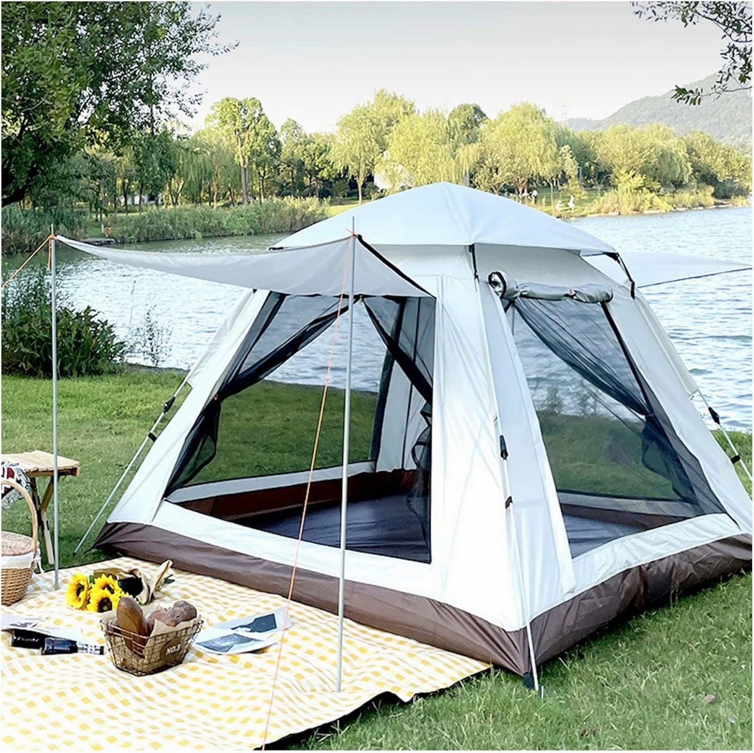 4 Man Tent 4 People Double Doors and Four Windows,Pop Open in Three Seconds Family Tents for Camping Practical Advanced Camping Tunnel Tent for Family Camping,Hiking Party