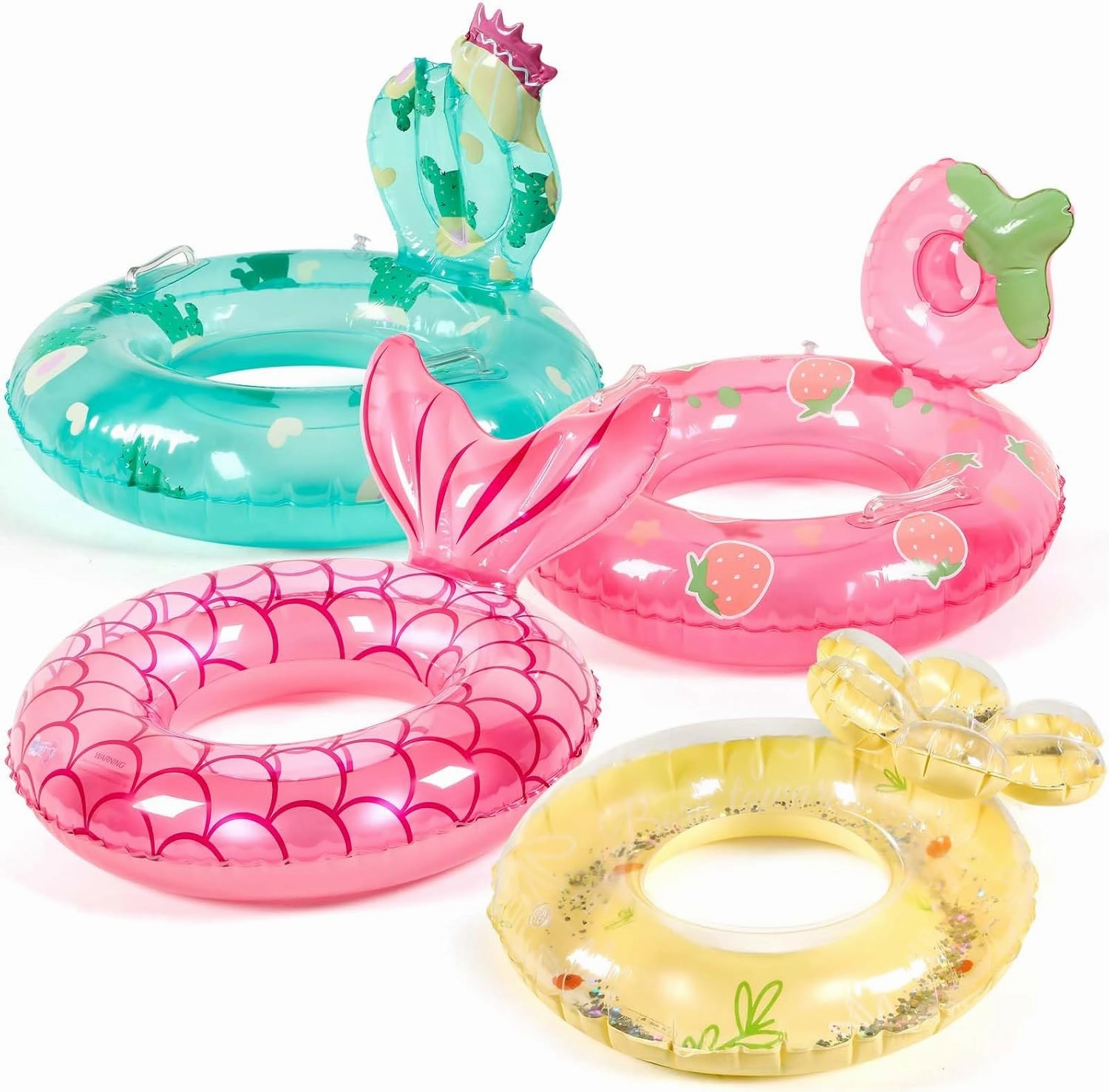 4 Pcs Inflatable Pool Float for Girls Toddler Age 5-9 Mermaid Cactus Strawberry Daisy Swim Tube Inflatable Swimming Rings for Swimming Pool Summer Beach Party Decor
