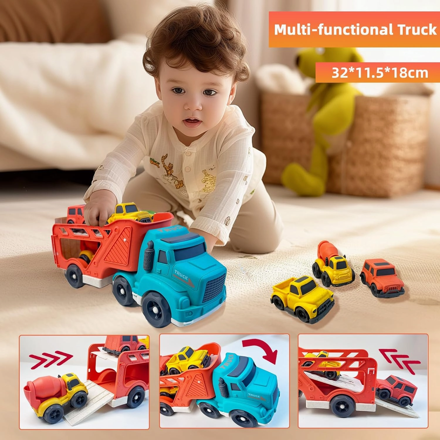 4 Pcs Toddler Car Toys for 2 3 4 5 Years Old, Carrier Truck 3 in 1 Transport Pickup Truck, Mixer Cement,SUV Toy Car, Christmas Birthday Gifts for Kids Toys Boys Girls,Sand Toys