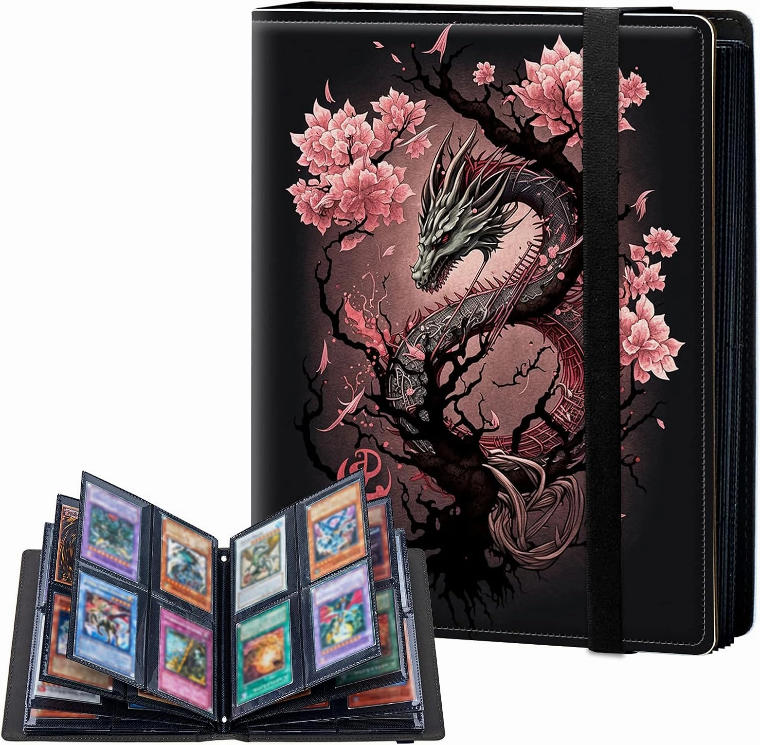 4-Pocket Card Binder 30 Pages Holds 240 Cards, Card Book Collector Album Folder for Yugioh, MTG, TCG, Cute PU Leather Trading Card Holder with Elastic Strap, Cherry Blossom Dragon