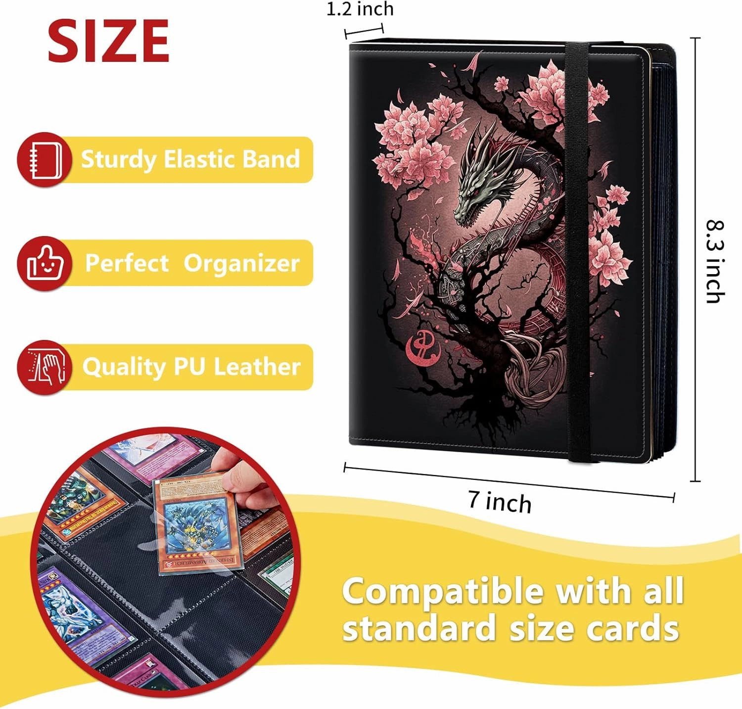 4-Pocket Card Binder 30 Pages Holds 240 Cards, Card Book Collector Album Folder for Yugioh, MTG, TCG, Cute PU Leather Trading Card Holder with Elastic Strap, Cherry Blossom Dragon