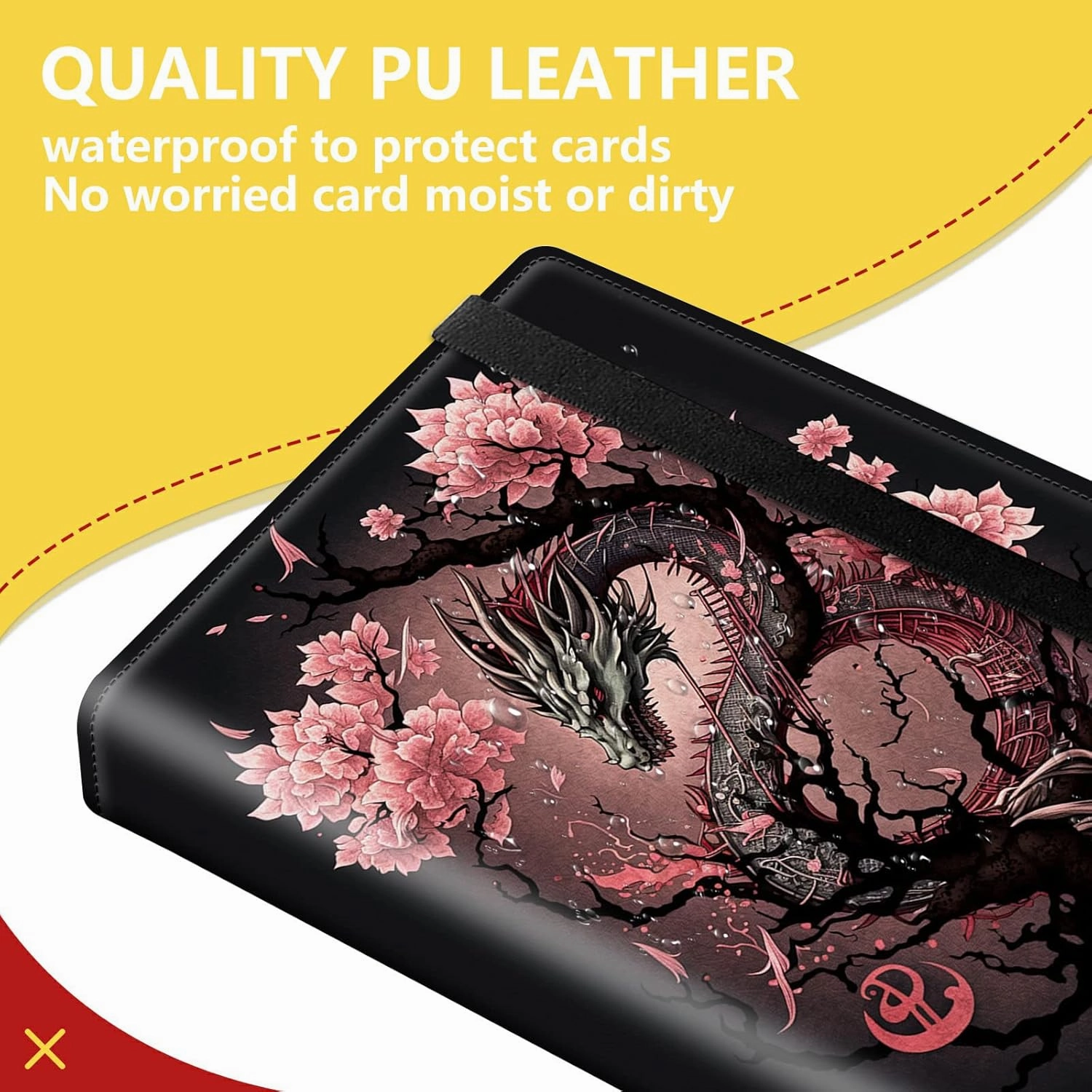 4-Pocket Card Binder 30 Pages Holds 240 Cards, Card Book Collector Album Folder for Yugioh, MTG, TCG, Cute PU Leather Trading Card Holder with Elastic Strap, Cherry Blossom Dragon